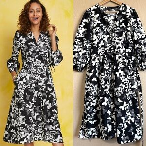 Talbots Dotted Butterflies Poplin Black WhiteShirt Dress Sz 12 Waist Tie Office